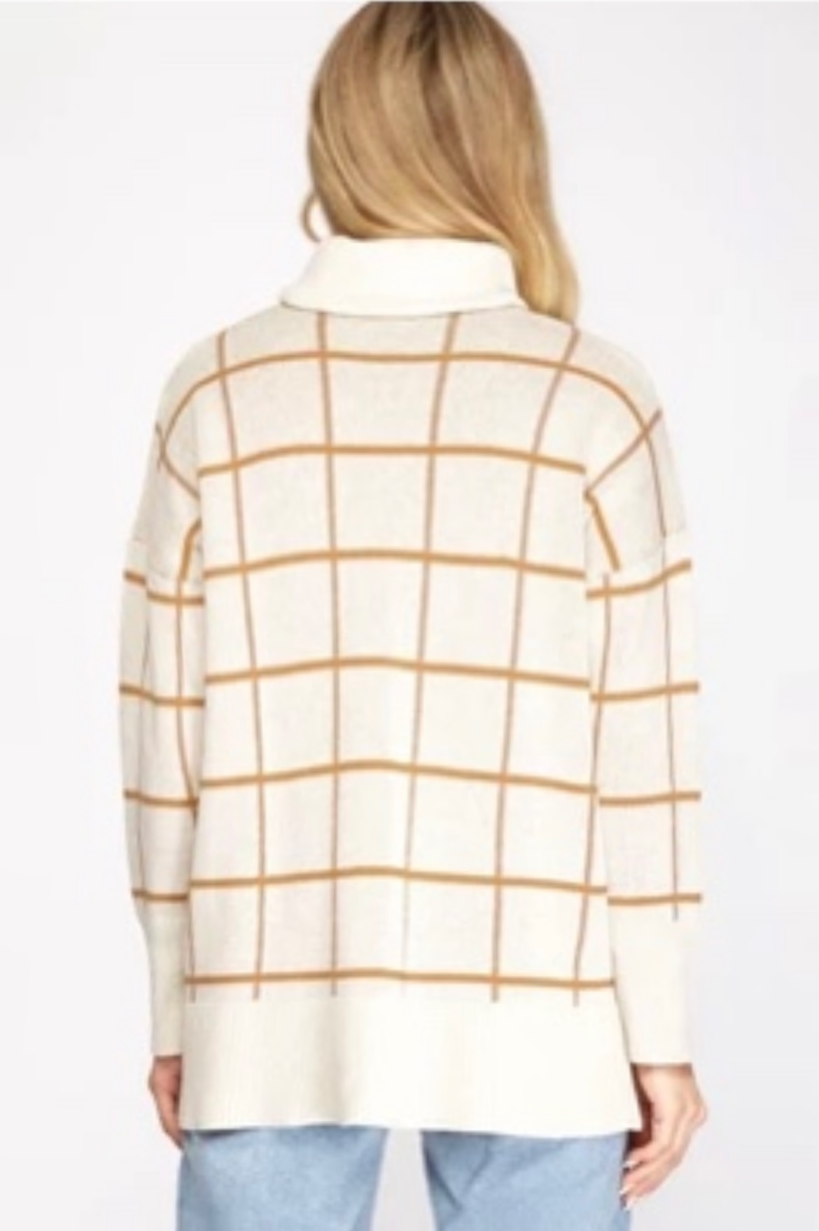 Ivory/Camel Grid Turtleneck Sweater