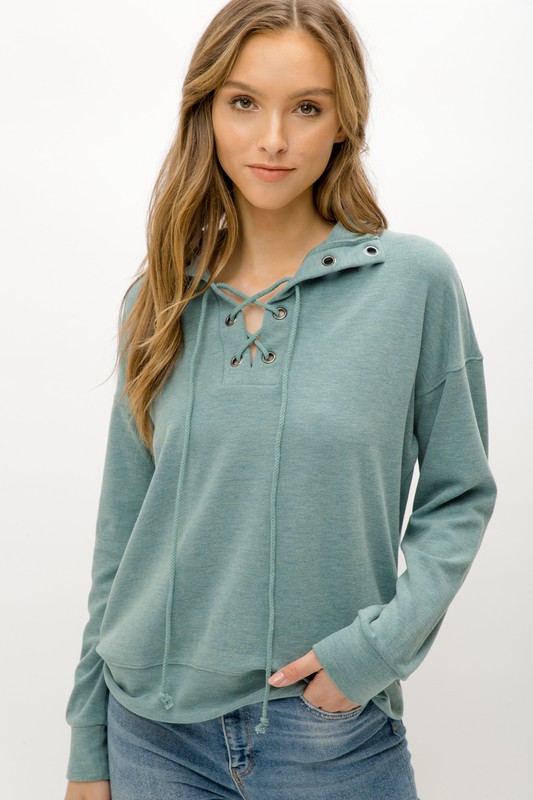 French Terry Lace Up Pullover, Teal