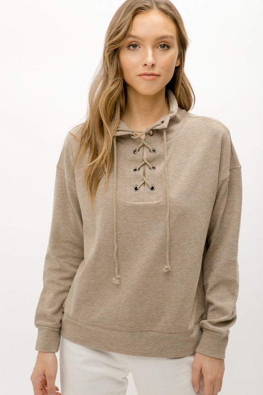 French Terry Lace Up Pullover, Taupe