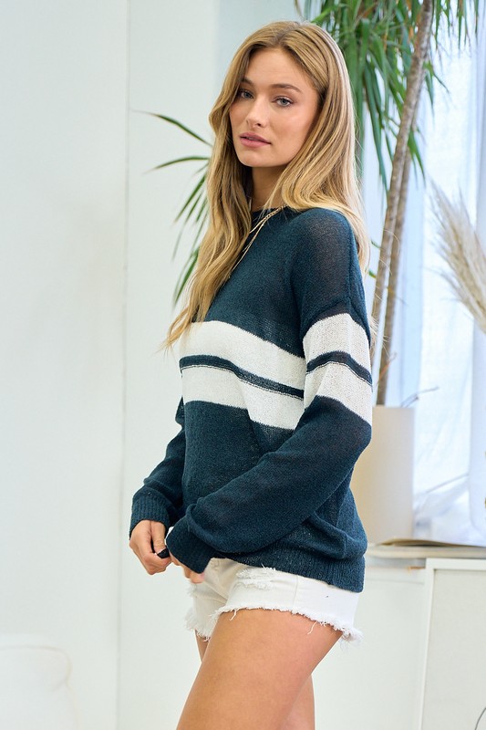 Bold Stripe Lightweight Sweater, Teal