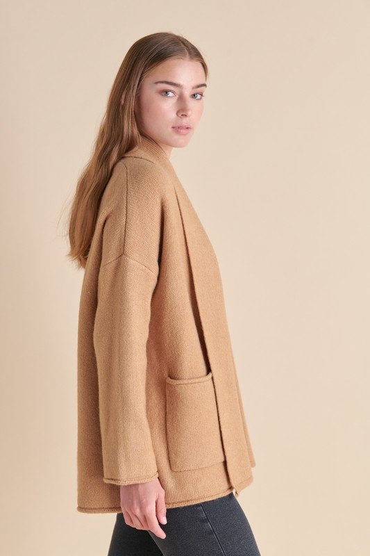 Open  Front Patch Pocket Cardigan, Camel