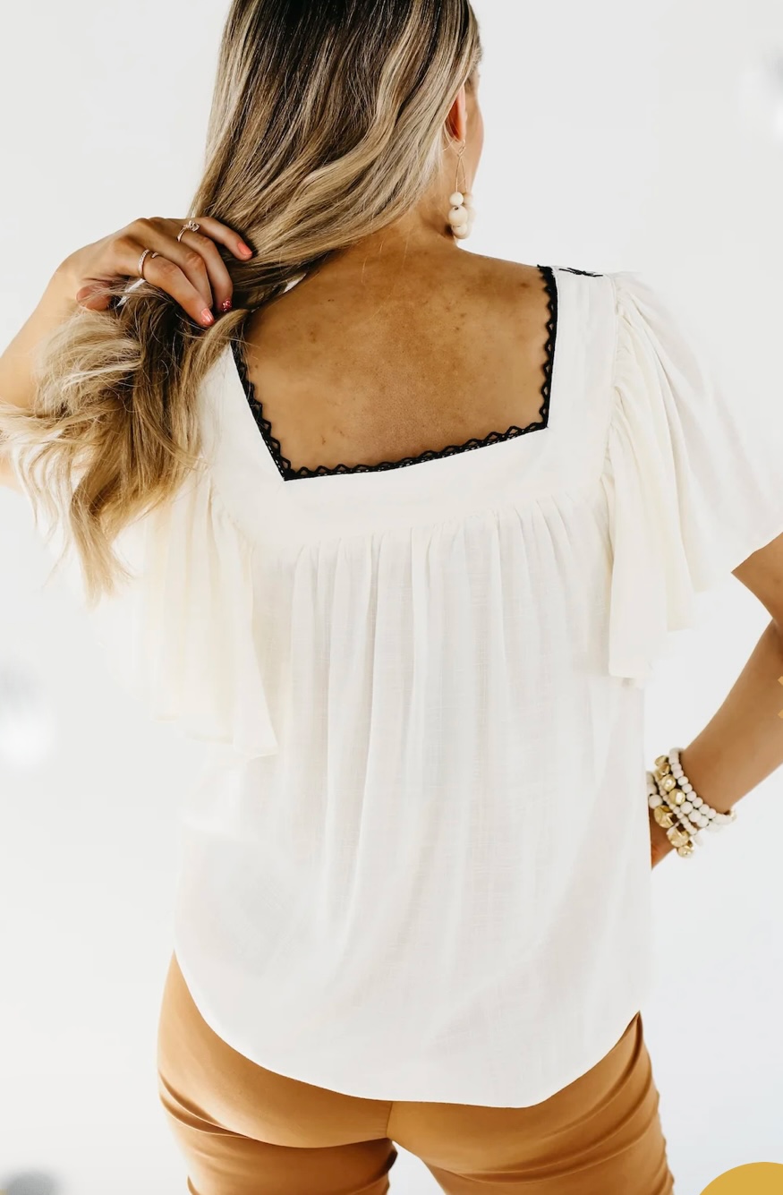Natural/Black Embroidered Top