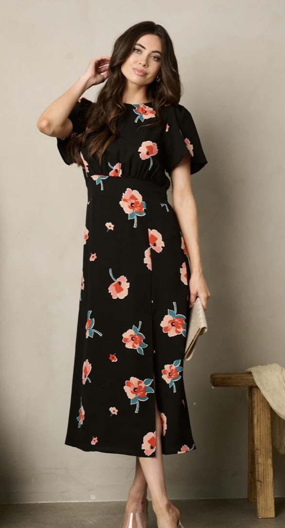 Black Floral Short Sleeve Dress – SALE