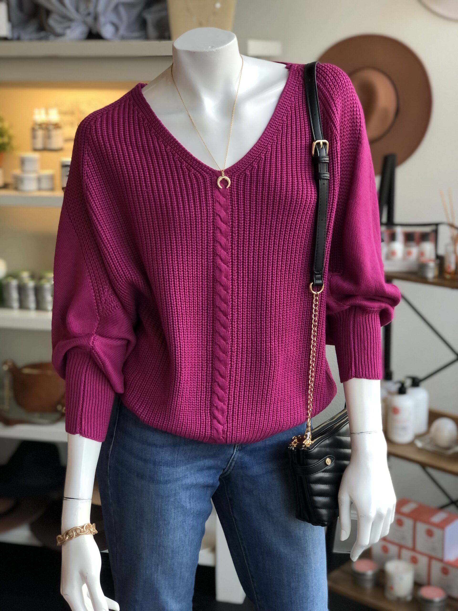 V-Neck Knit Sweater, Magenta
