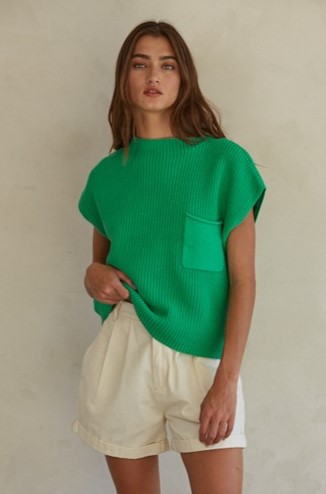 Mock Neck Short Sleeve Sweater, Green