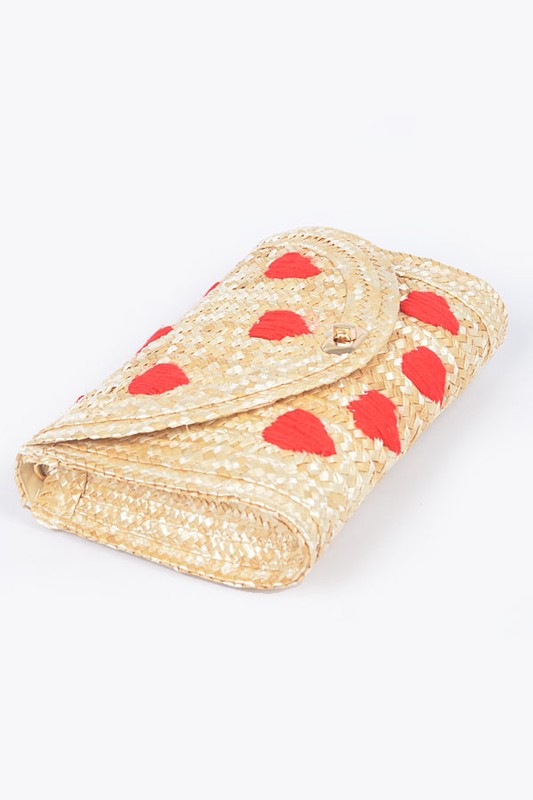Straw Bag w/ Woven Red Hearts