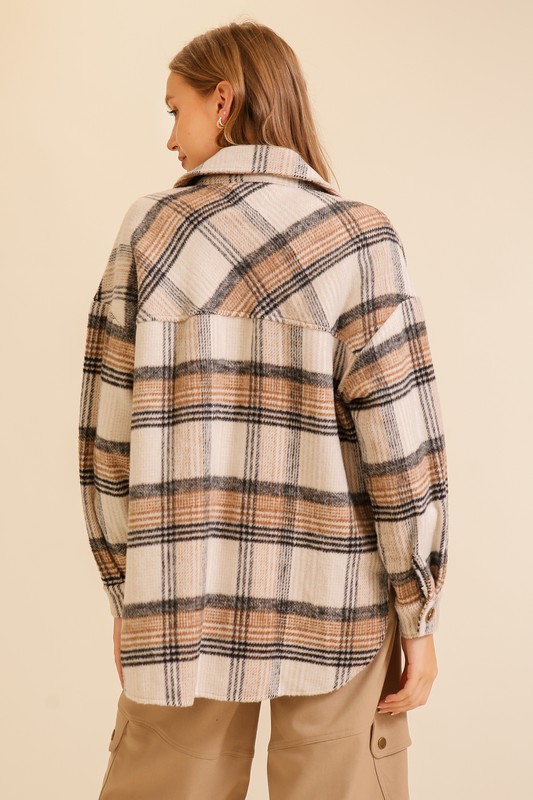 Plaid Button Down Shacket, Tan/Black