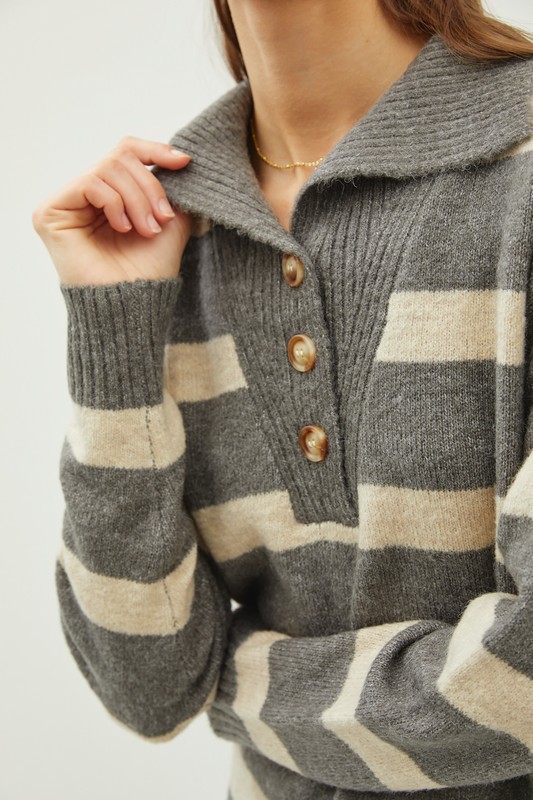 Collared Striped Sweater w/Button Detail