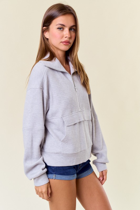 Zip Front Waffle Pullover, Grey