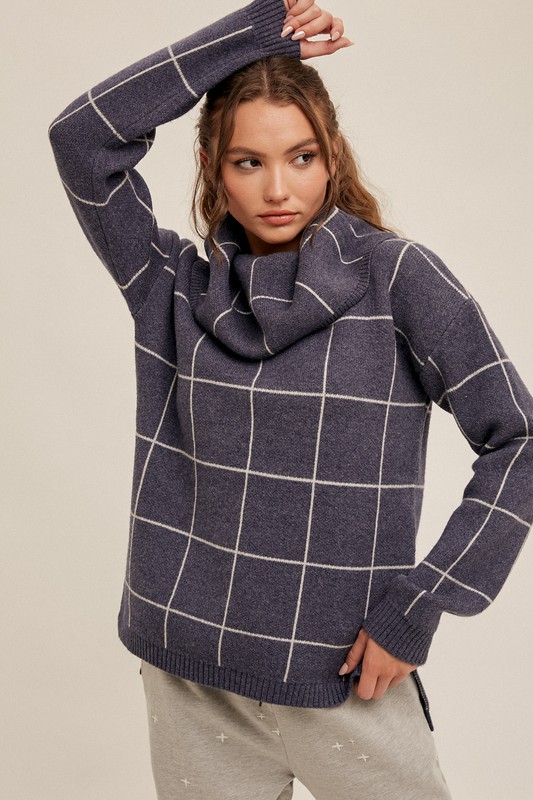 Grid Print Turtleneck Sweater, Navy