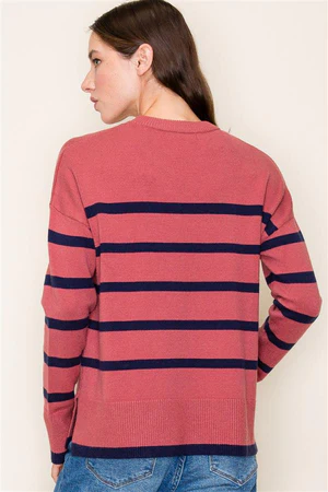 Striped Crewneck Sweater, Rose/Navy