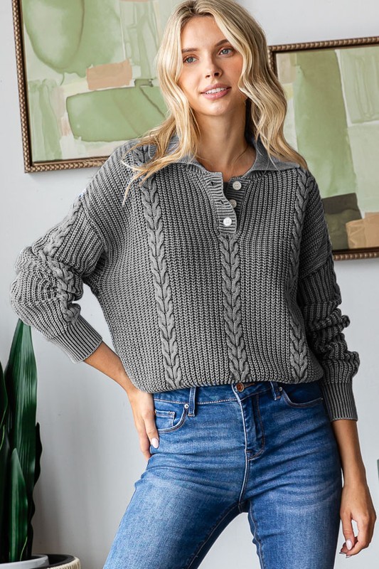 Cable Knit Collared Sweater, Charcoal