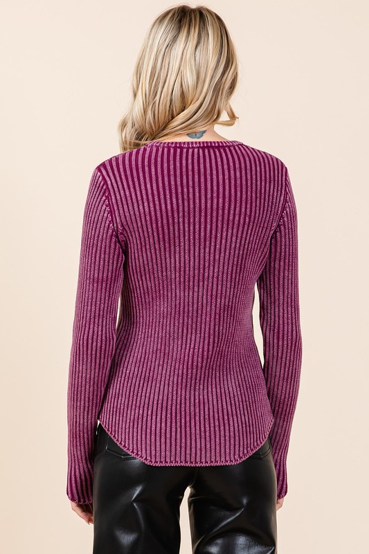 Mineral Wash Ribbed Pullover, Plum