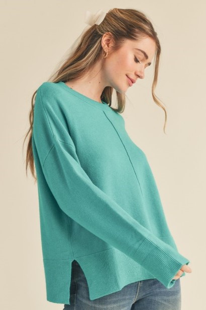 Round Neck w/Center Seam Sweater, Teal