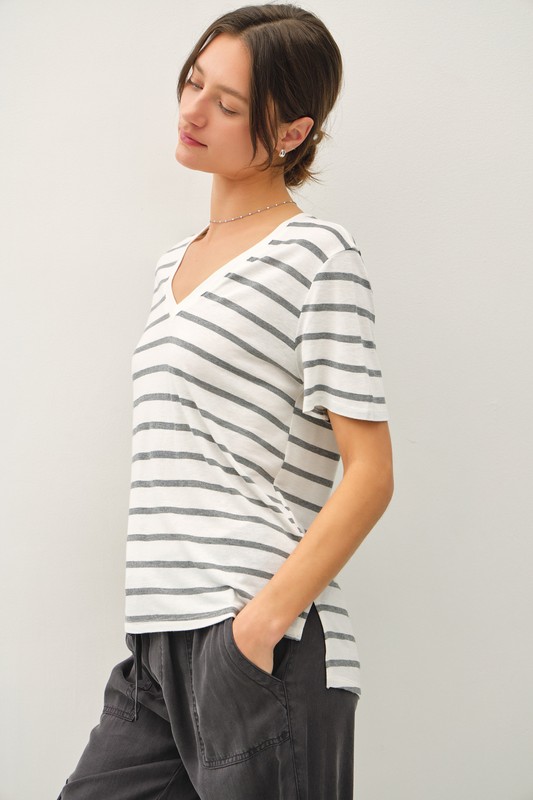 Relaxed V-Neck Tee, Grey Stripe