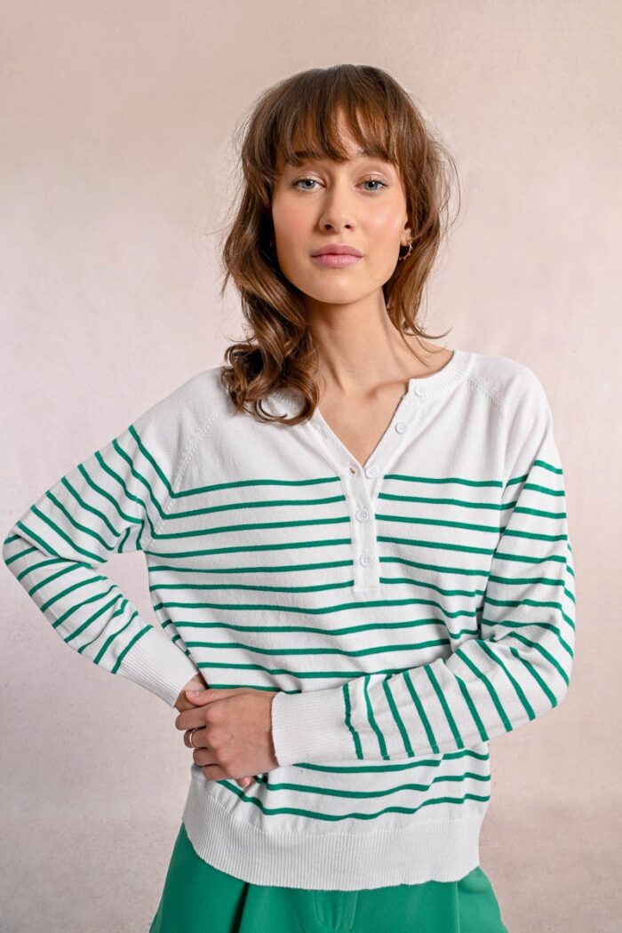 Button V-Neck Stripe Sweater