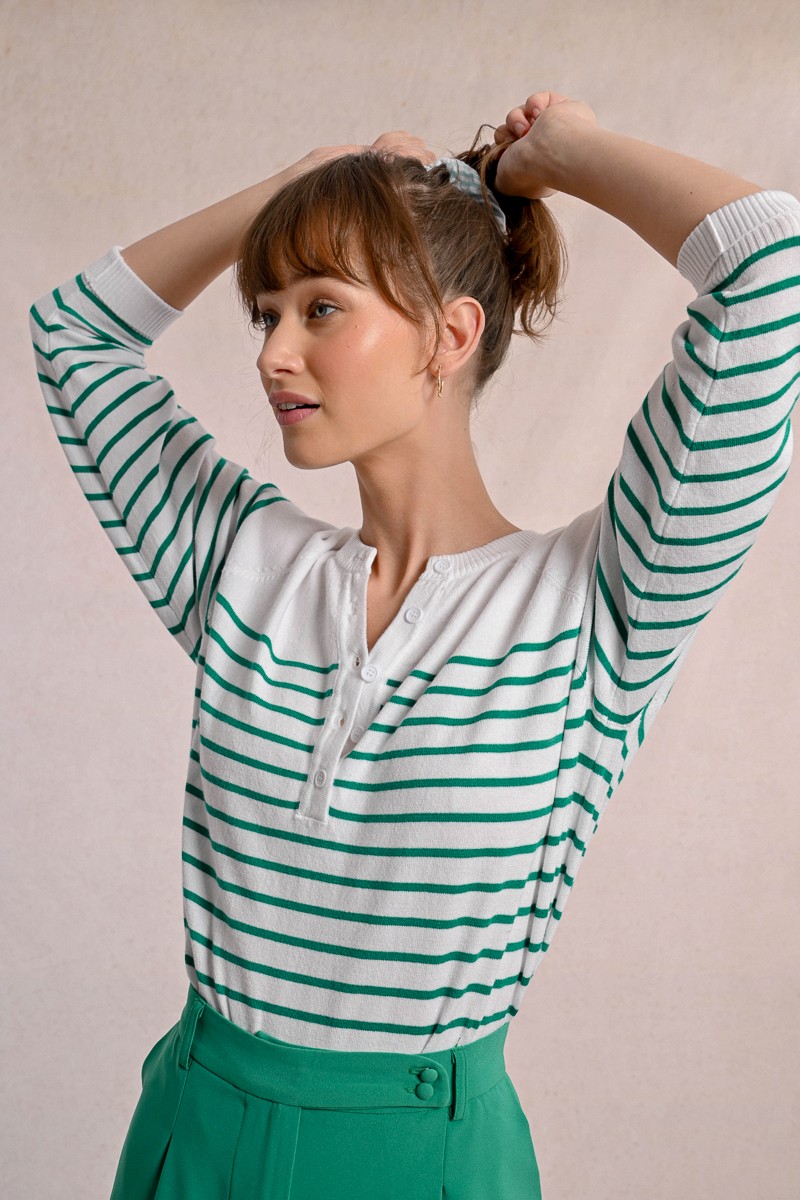 Button V-Neck Stripe Sweater