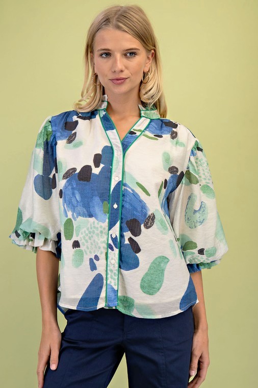 Abstract Print Button Front Blouse