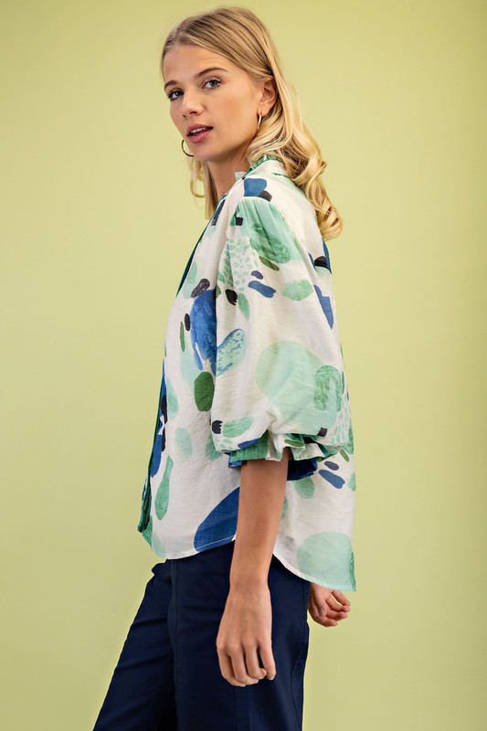 Abstract Print Button Front Blouse