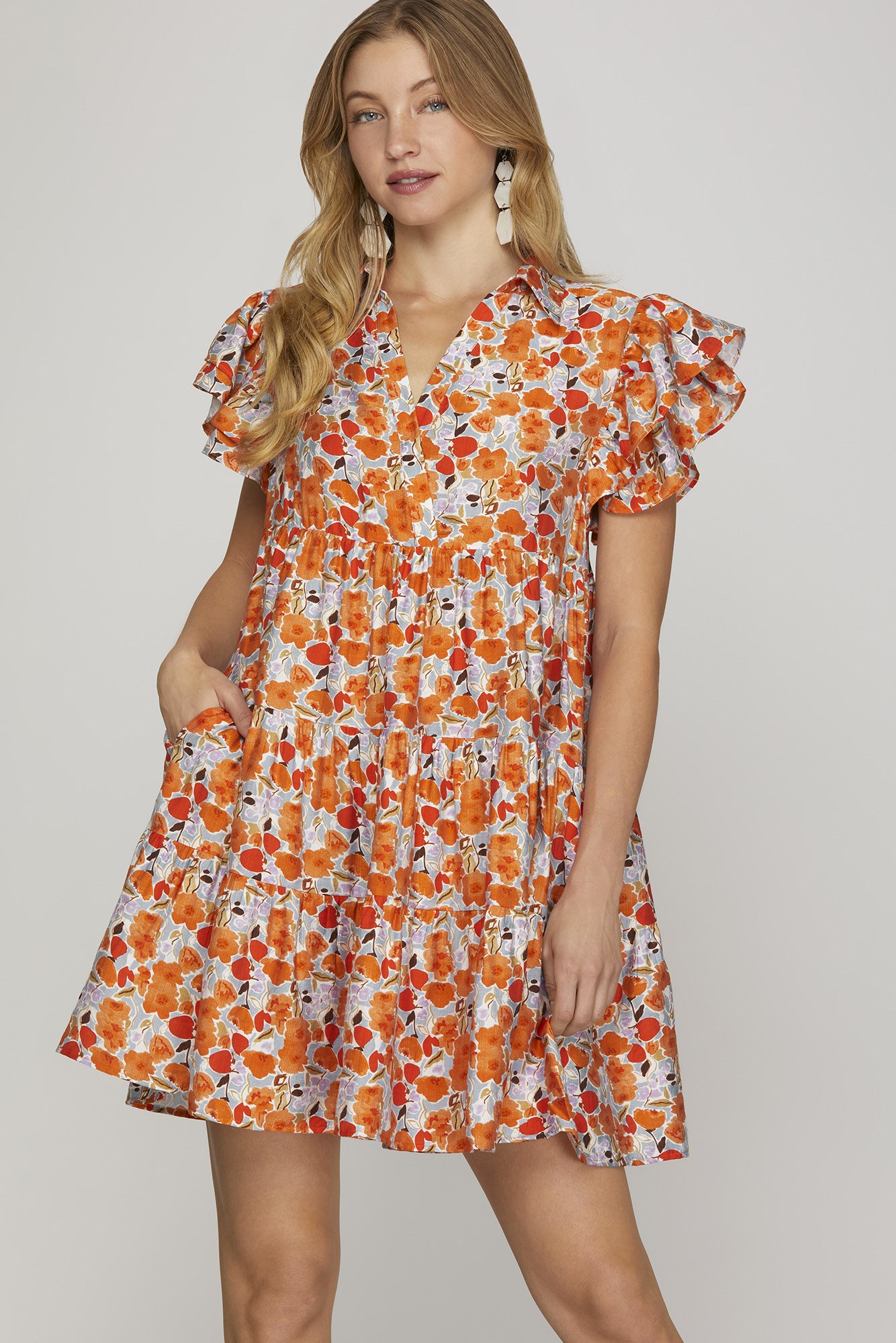 Tiered Coral Print Dress
