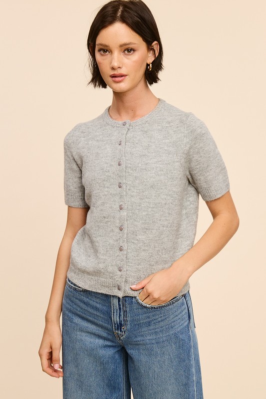 Short Sleeve Cardigan, Heather Grey