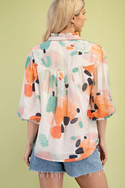 Coral Print Button Front Blouse