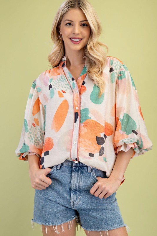 Coral Print Button Front Blouse