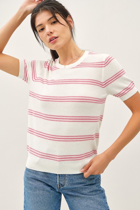 Short Sleeve Pink Stripe Sweater