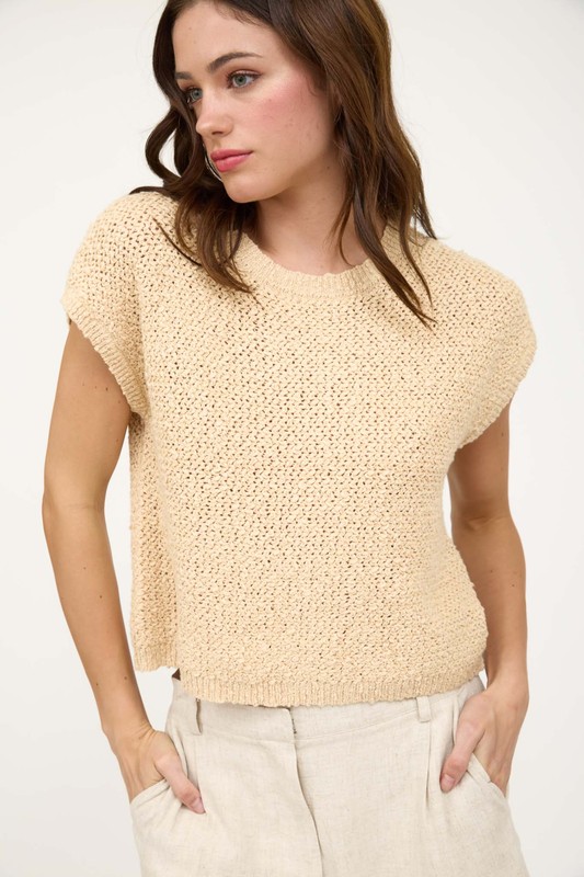 Bouclé Knit Short Sleeve Sweater, Oatmeal