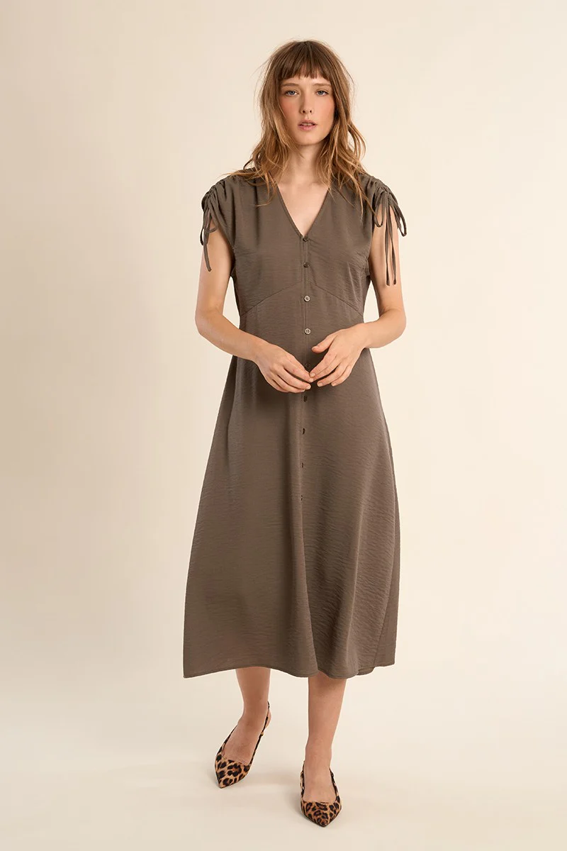 Khaki Button Front Midi Dress