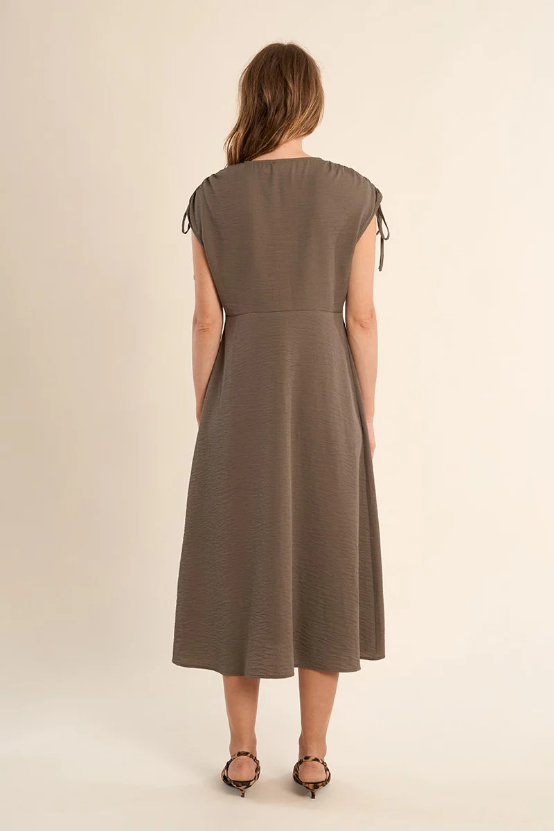 Khaki Button Front Midi Dress