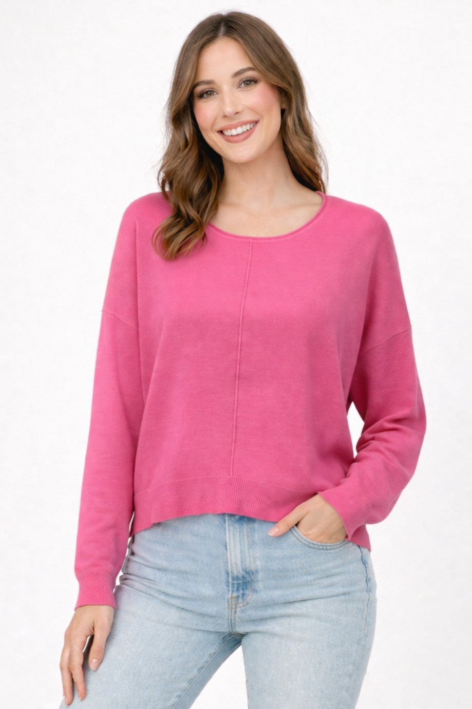 Center Seam, Round Neck Sweater, Watermelon Pink