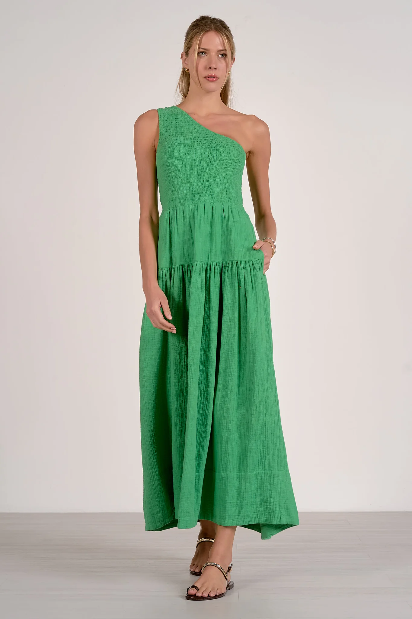 One Shoulder Green Maxi Dress