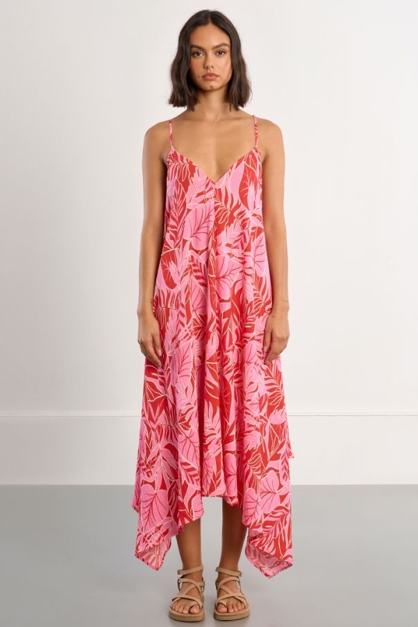 Red Leaf Tropical Print Dress