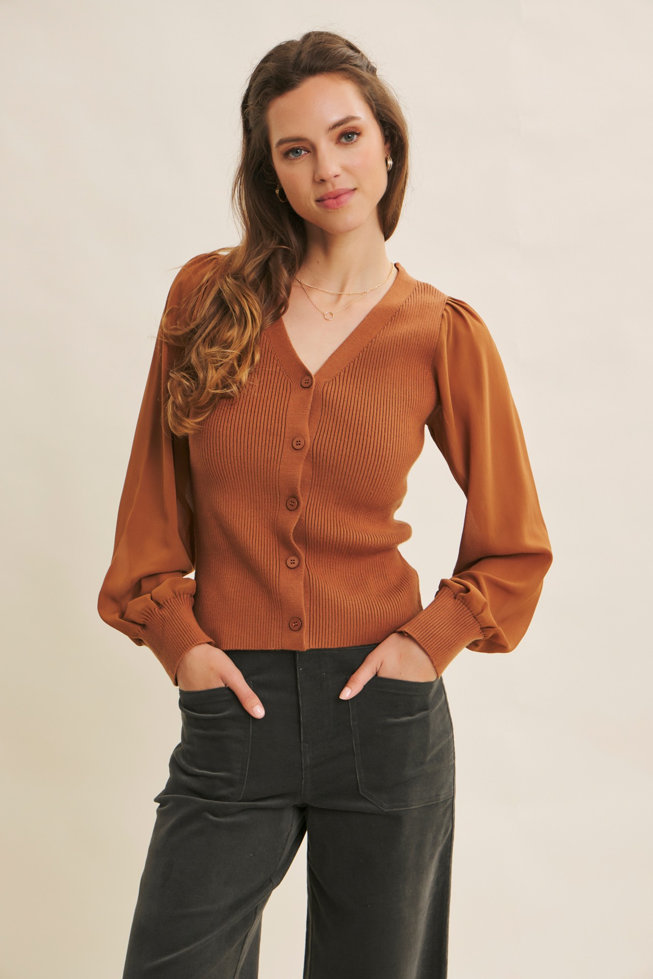 Rib Sweater with Chiffon Sleeve