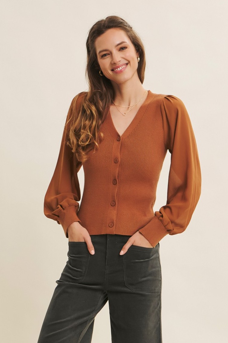 Rib Sweater with Chiffon Sleeve