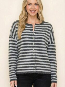 Button Front Cardigan, Grey Stripe
