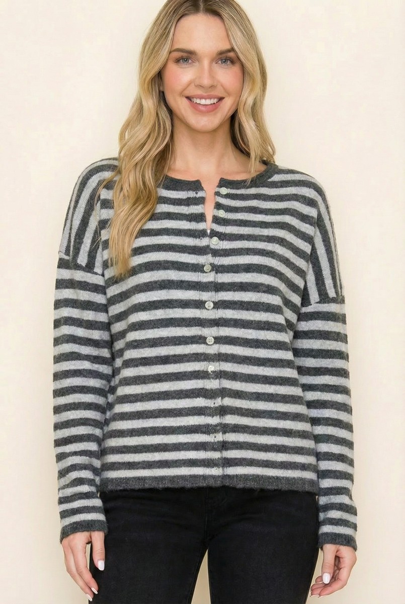 Button Front Cardigan, Grey Stripe