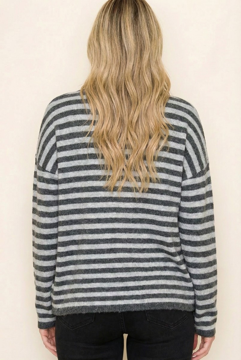 Button Front Cardigan, Grey Stripe