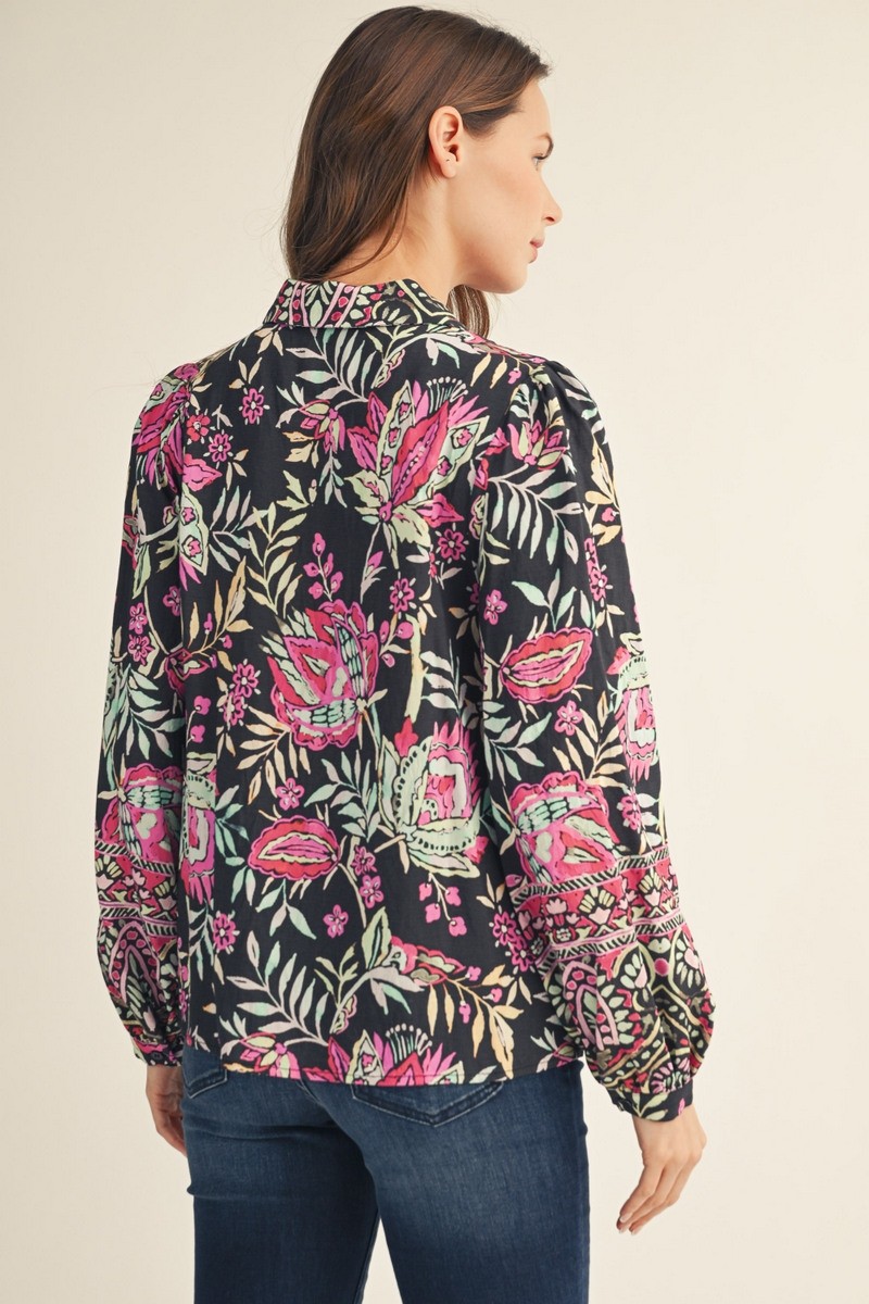 Black Floral Button Front