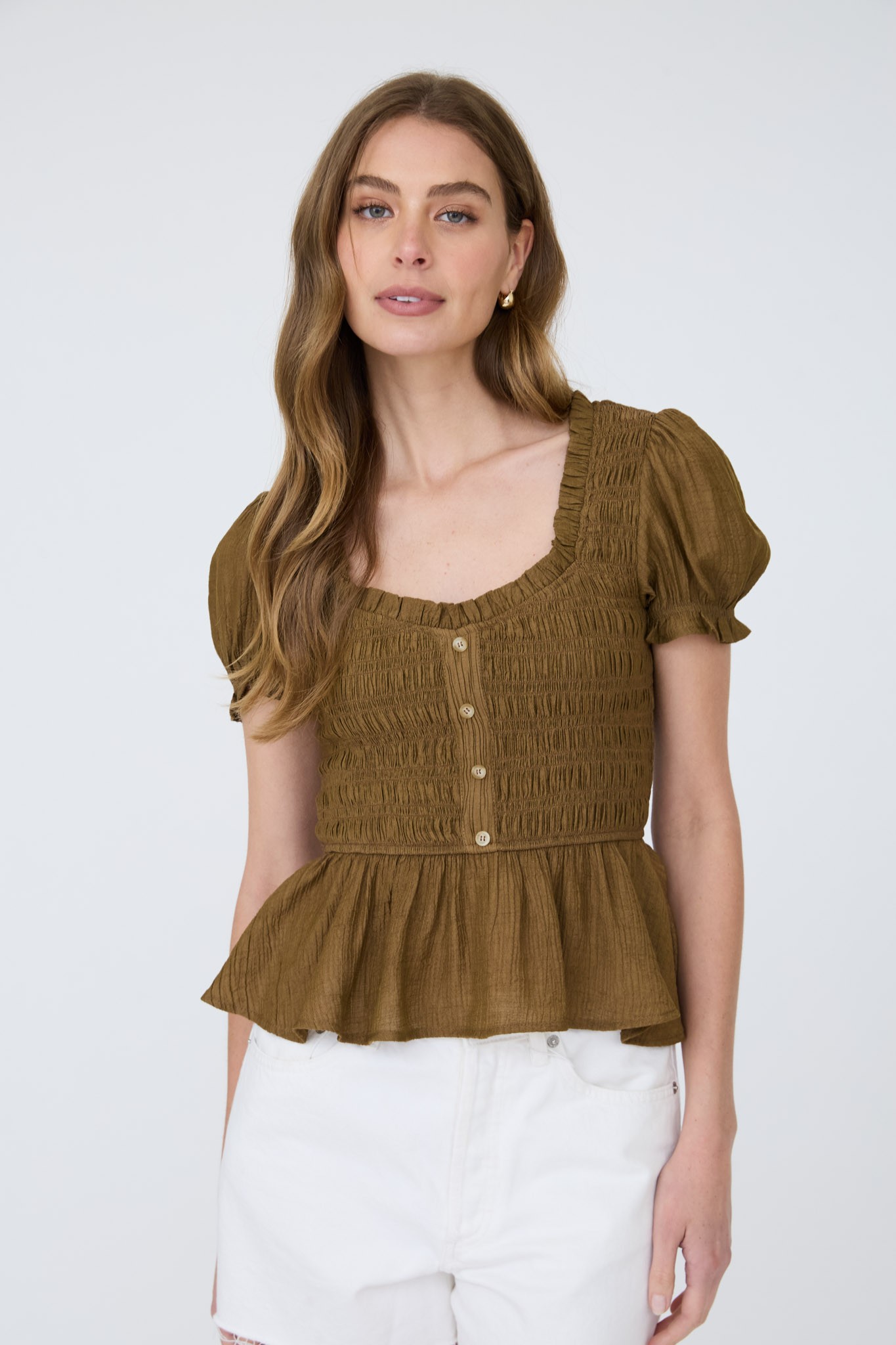 Smocked Puff Sleeve Brown Top