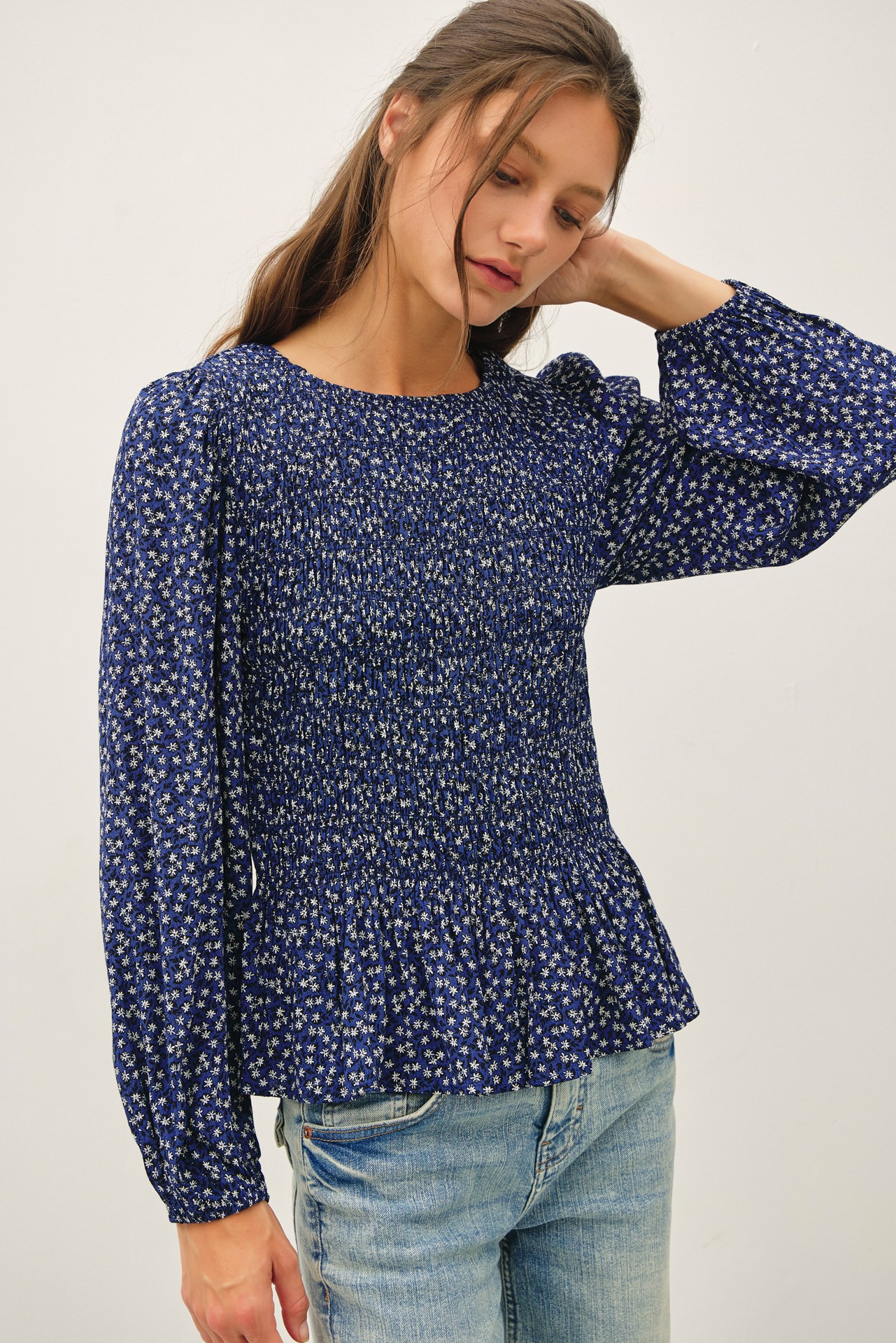 Smocked Blue Print Top