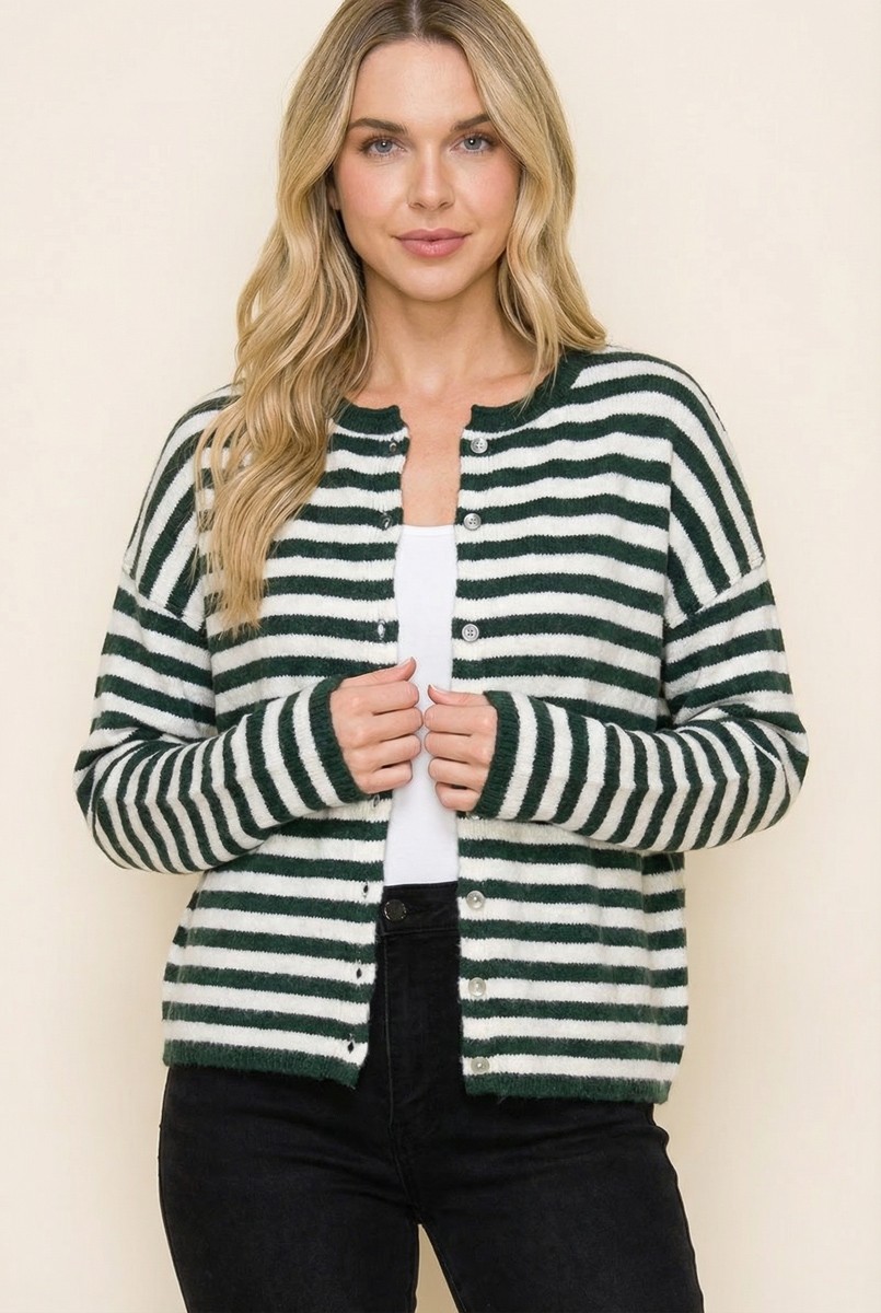 Button Front Cardigan, Forest Green Stripe