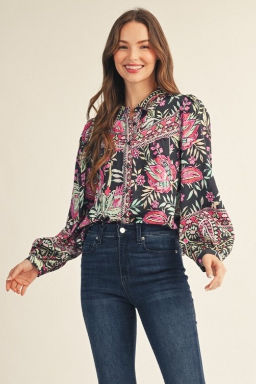 Black Floral Button Front